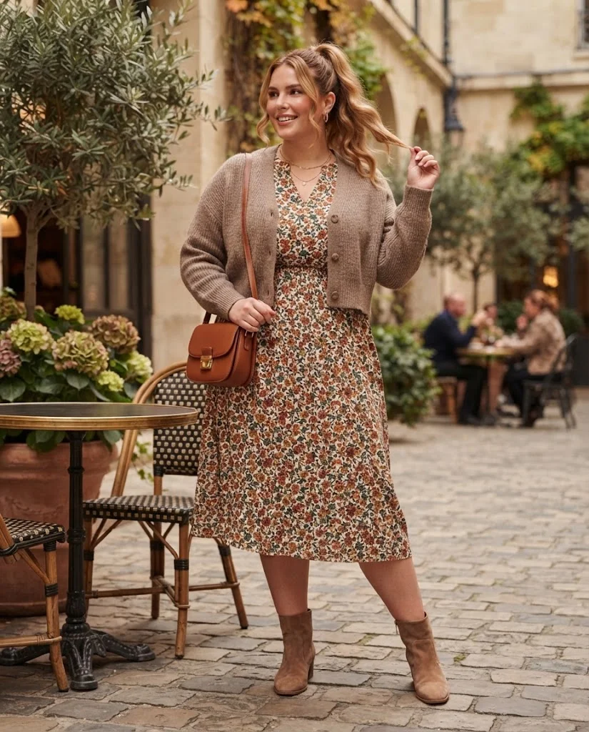 Plus Size Fall Brunch Outfits: Chic Looks for Crisp Autumn Days 9 Floral Midi Dress With a Cropped Cardigan Plus Size Fall Brunch Outfit