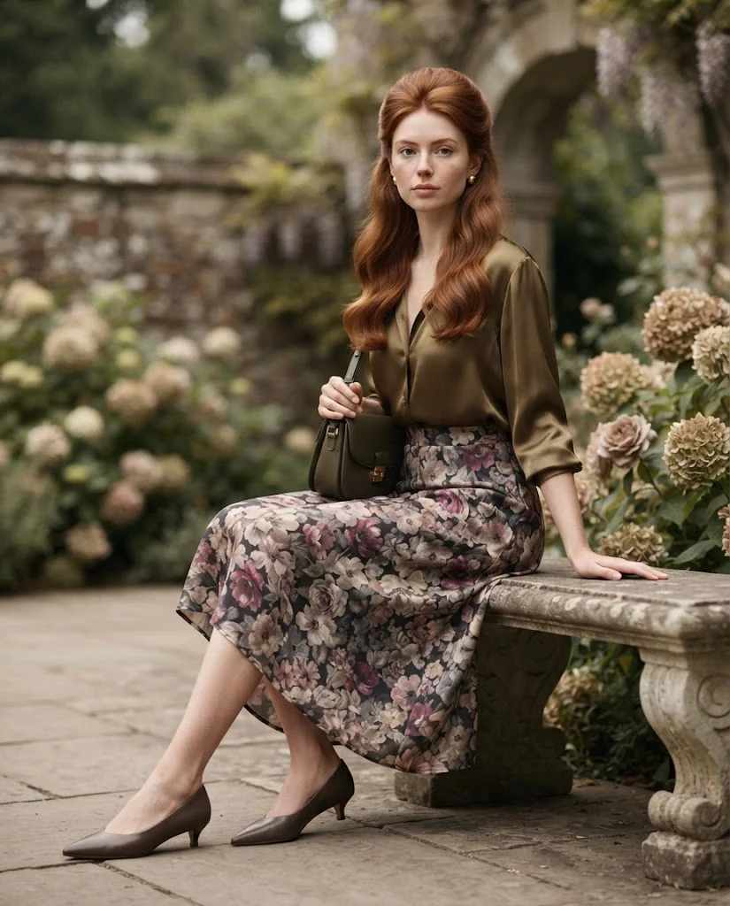 women wearing Floral Midi Skirt With a Satin Blouse
