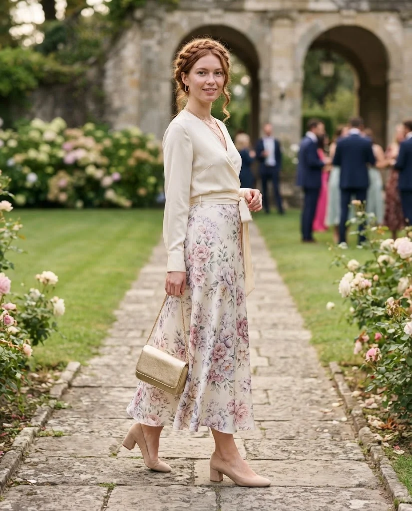 women wearing Floral Midi Skirt With an Elegant Wrap Top