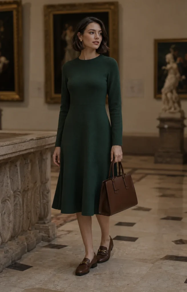 women wearing Forest Green A-Line Dress With Loafers