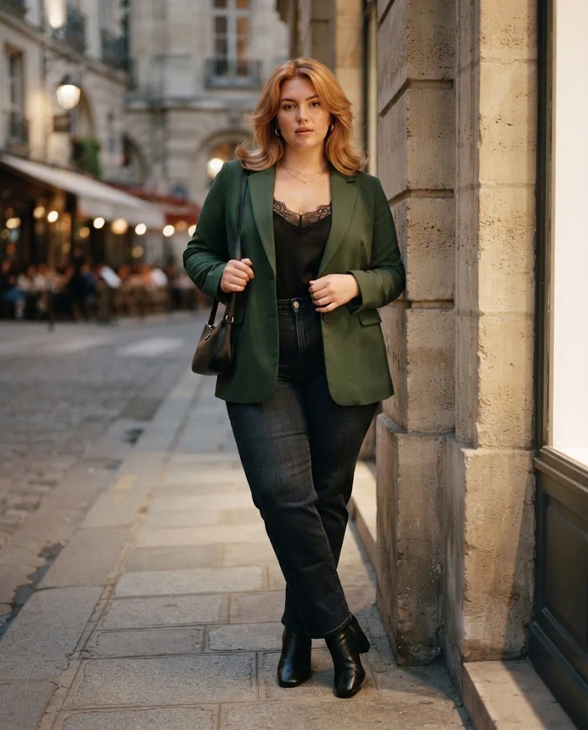 Forest Green Blazer With a Black Lace Top and Jeans Plus Size Date Night Outfit
