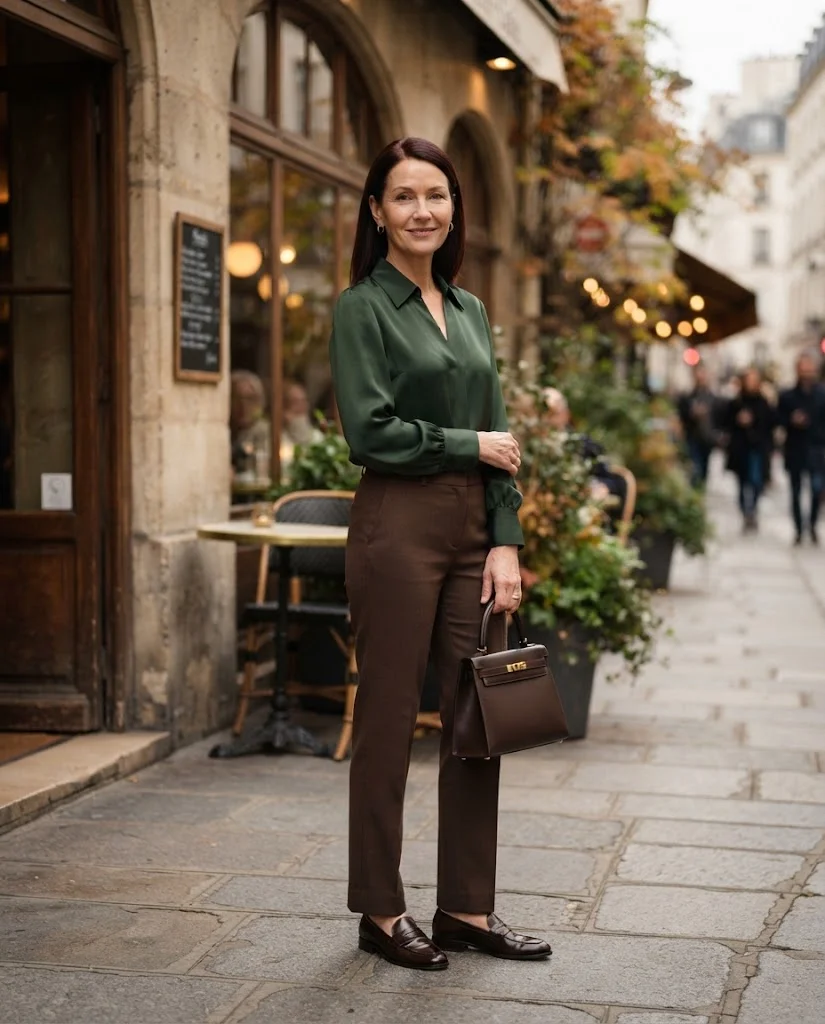 women wearing  Forest Green Blouse With Chocolate Straight Pants