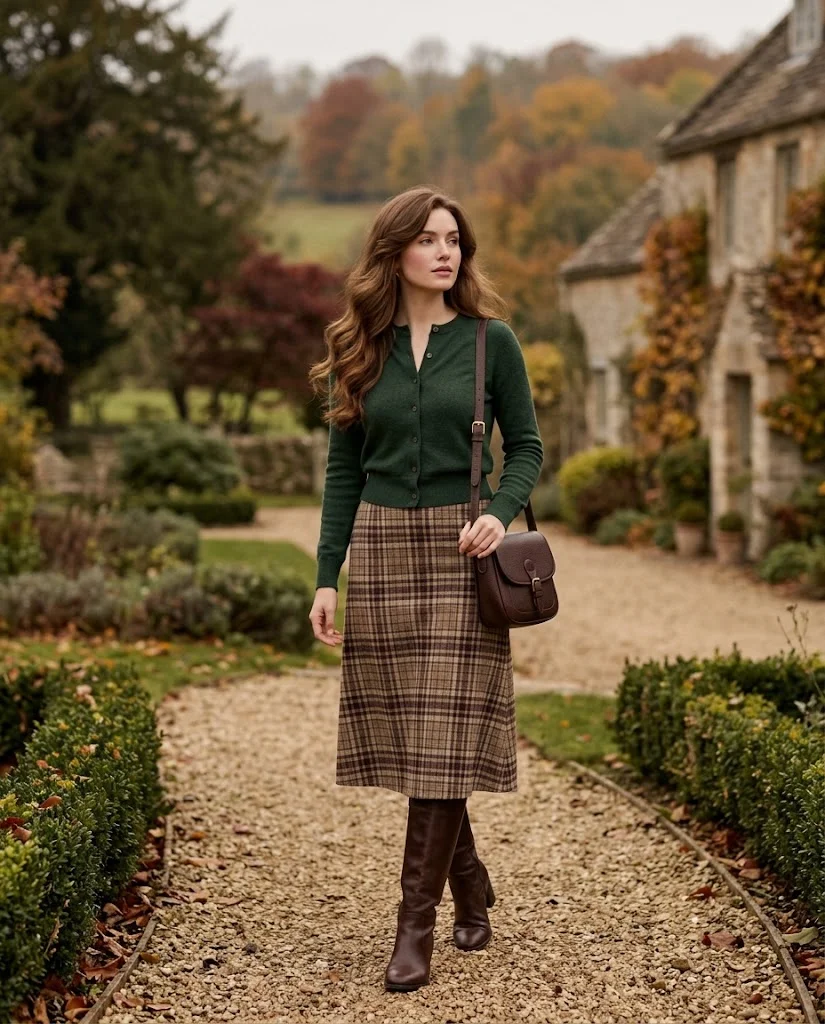women wearing Forest Green Cardigan With a Plaid Midi Skirt