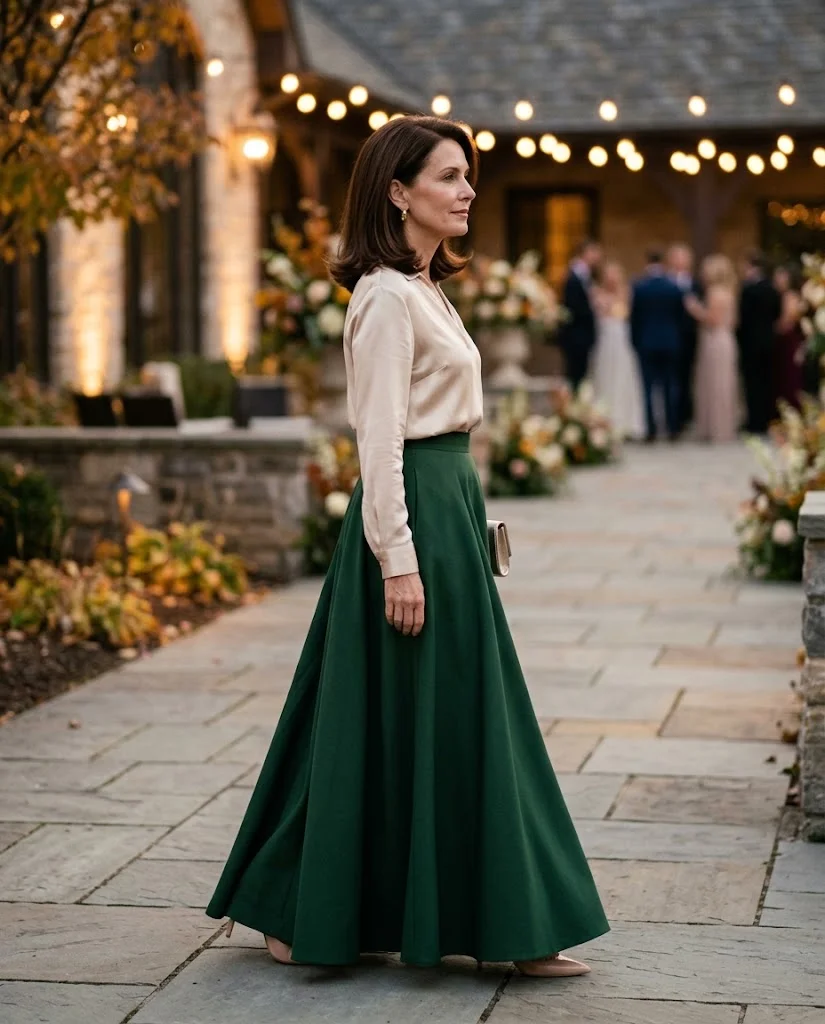 Forest Green Maxi Skirt with Champagne Blouse, a fall wedding guest outfit for women over 50