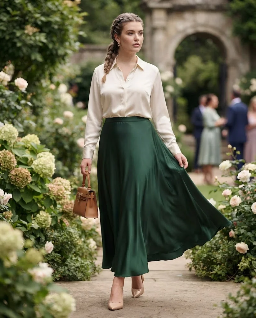 women wearing Forest Green Maxi Skirt With an Ivory Blouse