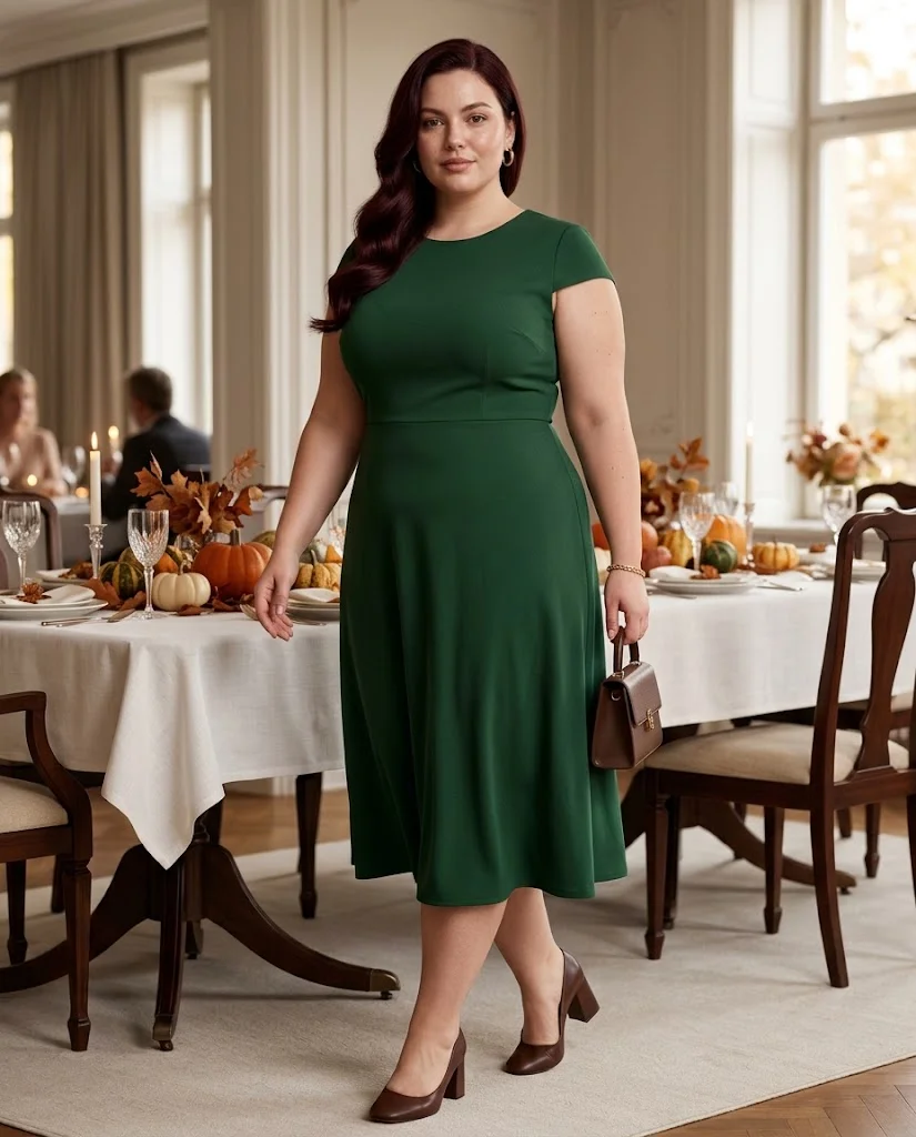 women wearing a Forest Green Midi Dress With Gold Accessories