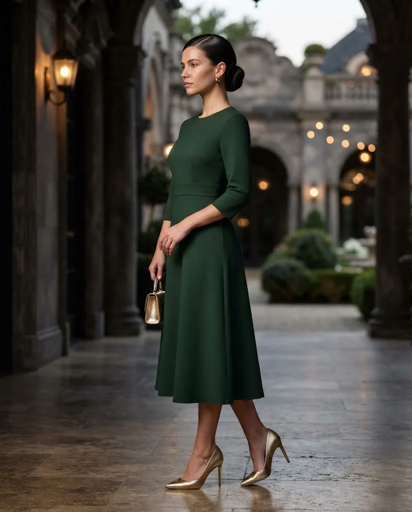 Forest Green Midi Dress with Gold Accessories, a stylish petite wedding guest outfit for women