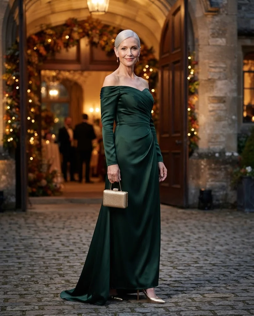 Chic Formal Wedding Guest Outfits for Women Over 50: 20+ Elegant Ideas 12 Forest Green Off-Shoulder Gown with Gold Clutch, a formal wedding guest outfit for women over 50