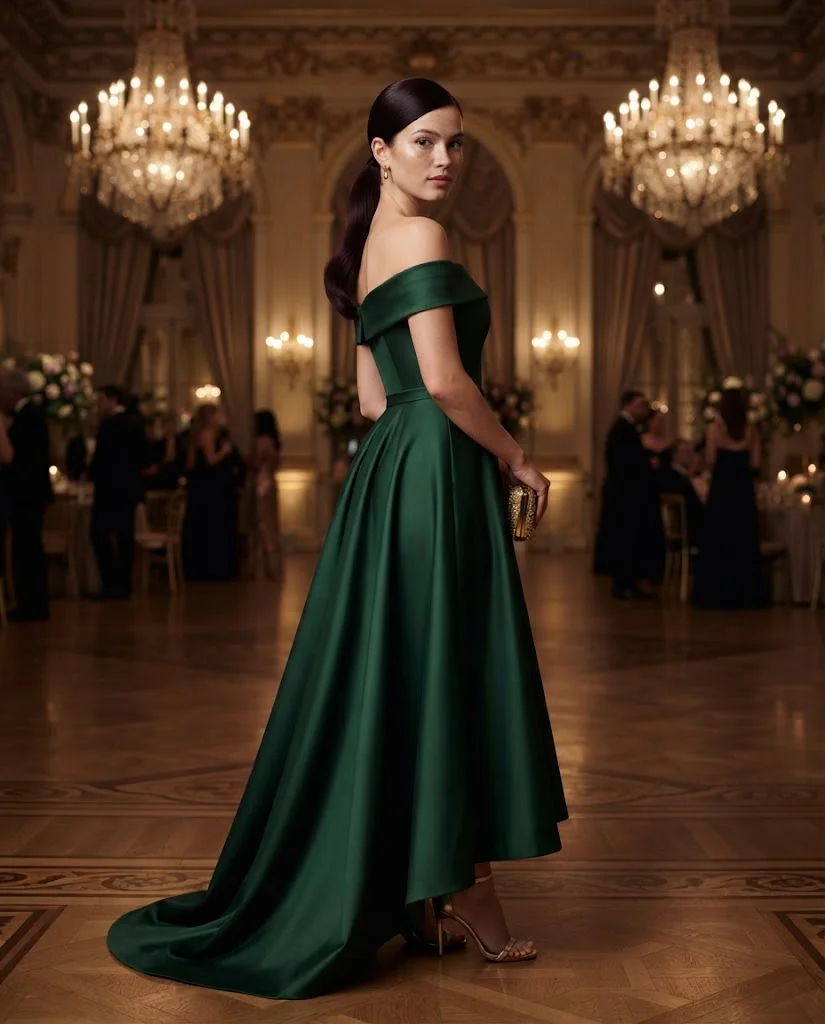 women wearing Forest Green Off-Shoulder Gown