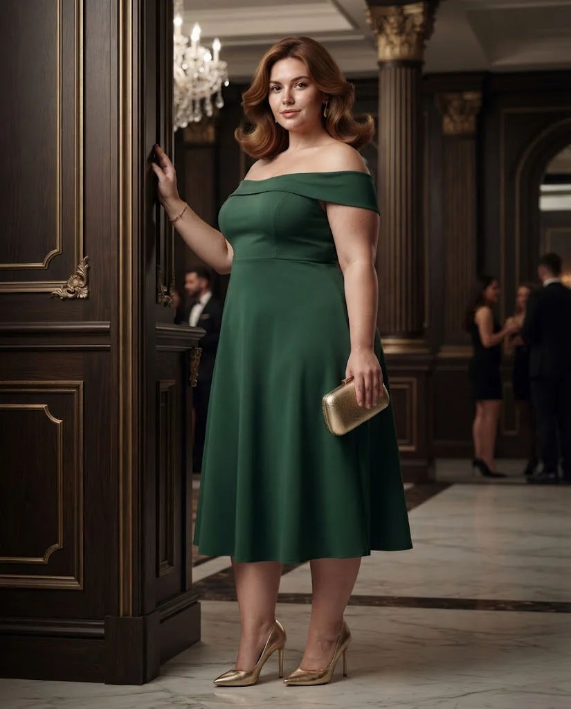 Forest Green Off-Shoulder Midi Dress With Gold Heels Plus Size Cocktail Party Outfit