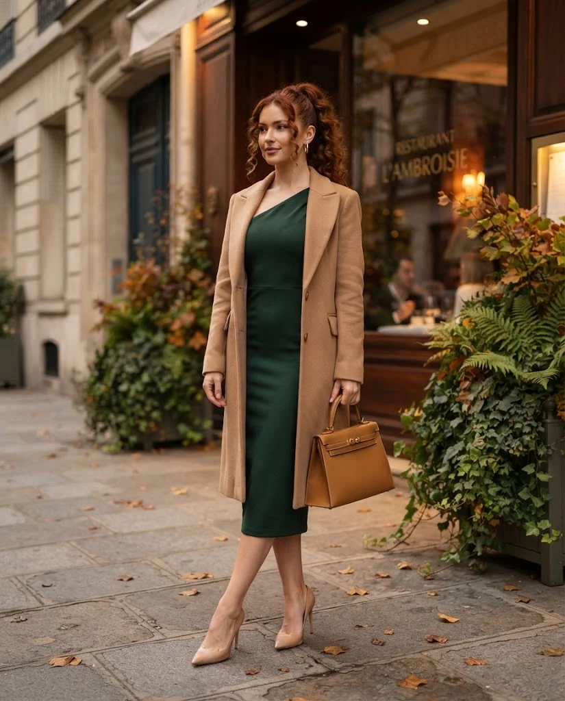 Forest Green One-Shoulder Midi Dress with Nude Heels, an elegant old money fall date night outfit for women