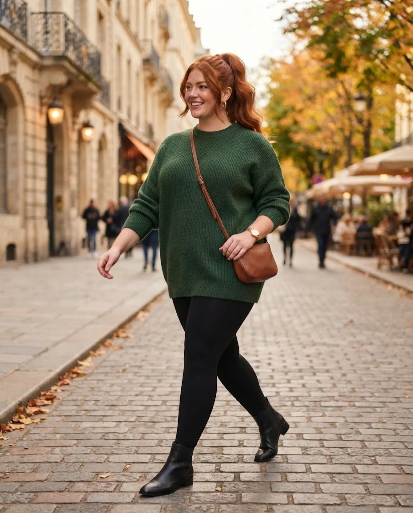 Plus Size Autumn Outfit Ideas for Women: 15 Chic Ideas 2 Forest Green Oversized Sweater With Black Leggings, a cozy plus size autumn outfit for women
