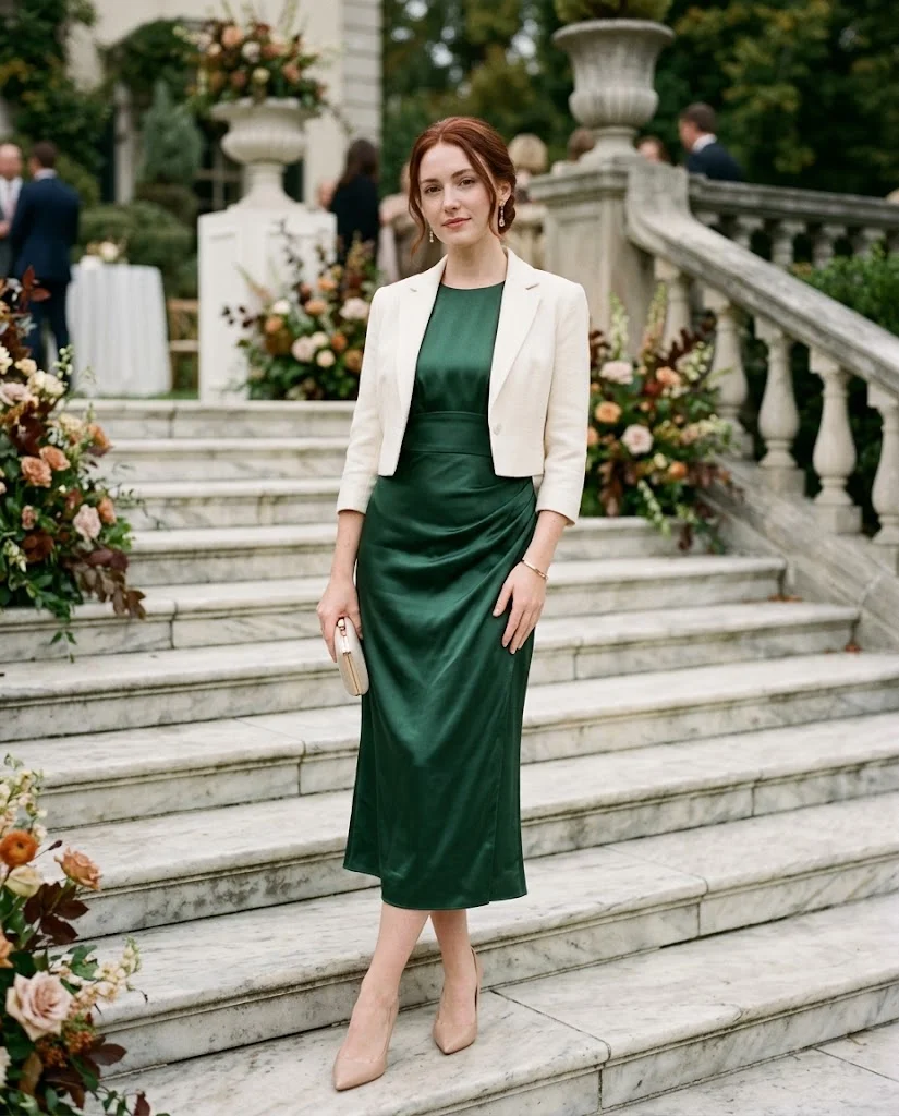 women wearing Forest Green Satin Midi Dress With a Cropped Jacket