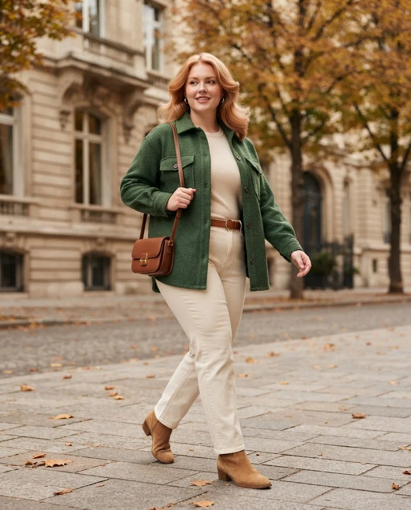 Plus Size Autumn Outfit Ideas for Women: 15 Chic Ideas 16 Forest Green Shirt Jacket With Ecru Straight-Leg Jeans, a chic plus size autumn outfit idea