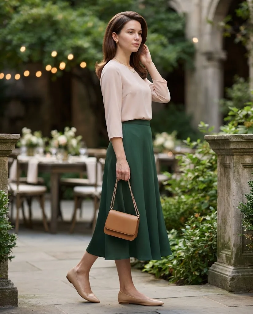 women wearing Forest Green Skirt With a Blush Blouse