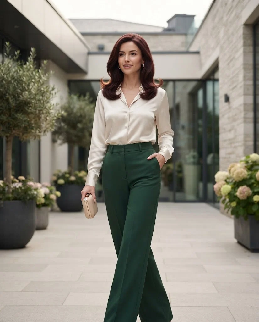Forest Green Trousers + Ivory Satin Blouse