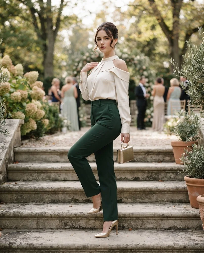 women wearing Forest Green Trousers With an Open-Shoulder Blouse