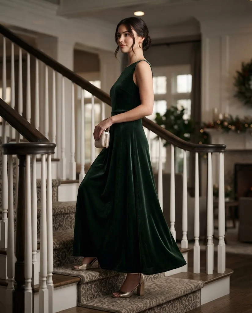 Forest Green Velvet Maxi Dress + Gold Accessories