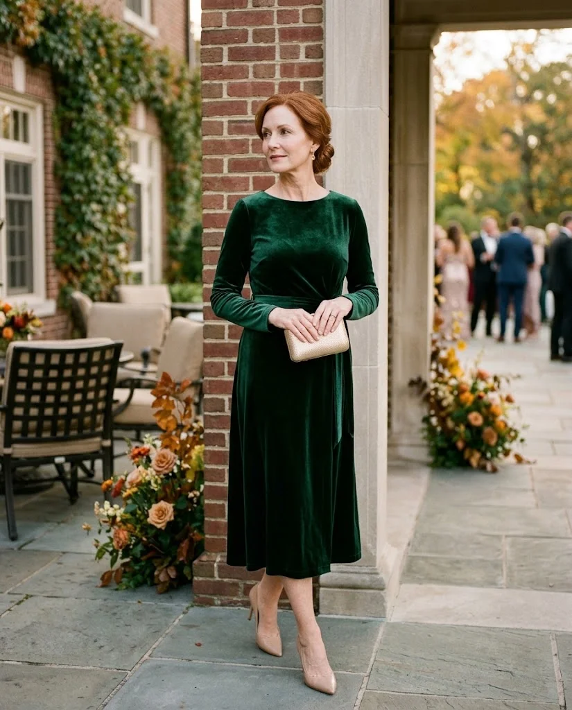 Forest Green Velvet Midi Dress with Gold Accessories, a fall wedding guest outfit for women over 50
