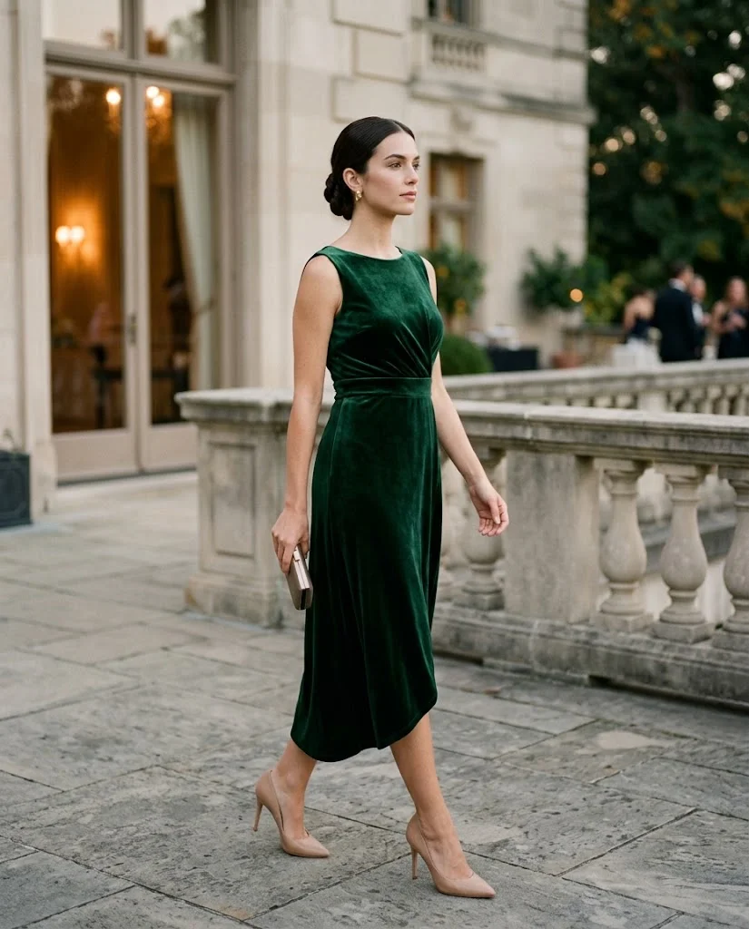 women wearing Forest Green Velvet Midi Dress