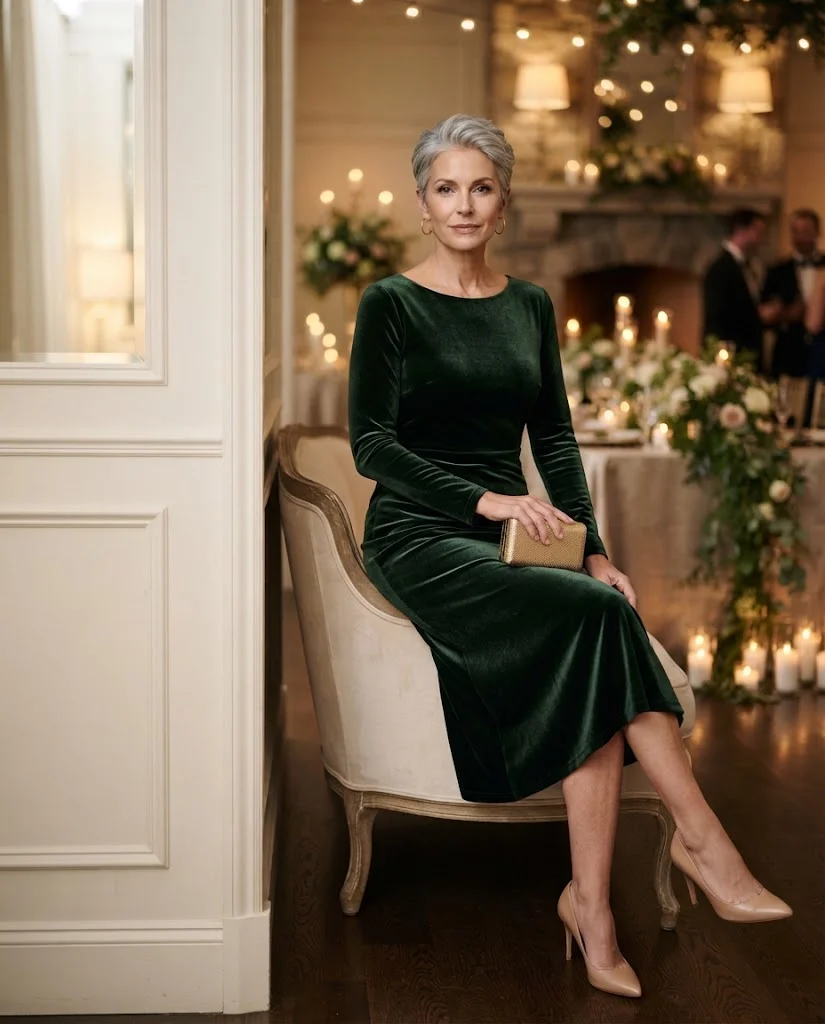 Forest Green Velvet Midi with Gold Clutch, an elegant wedding guest outfit for women over 50