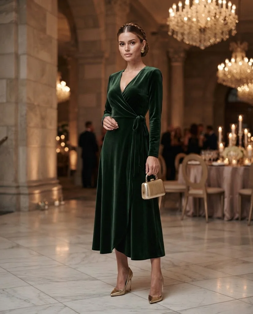 Forest Green Velvet Wrap Dress with Gold Heels, a classy and elegant wedding guest outfit for women