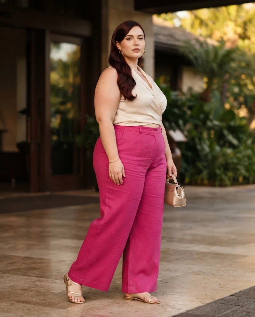 Fuchsia Wide-Leg Pants With a Cream Wrap Top Plus Size Resort Wear Outfit