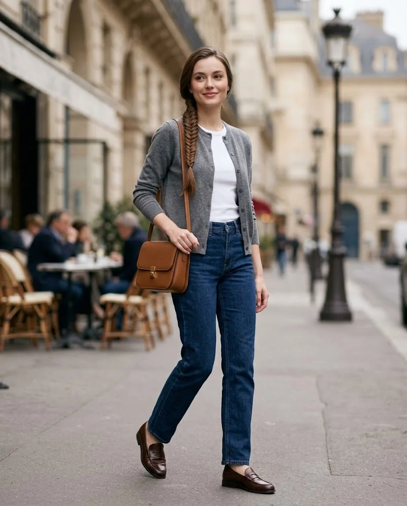 women wearing Gray Cardigan With Dark-Wash Jeans