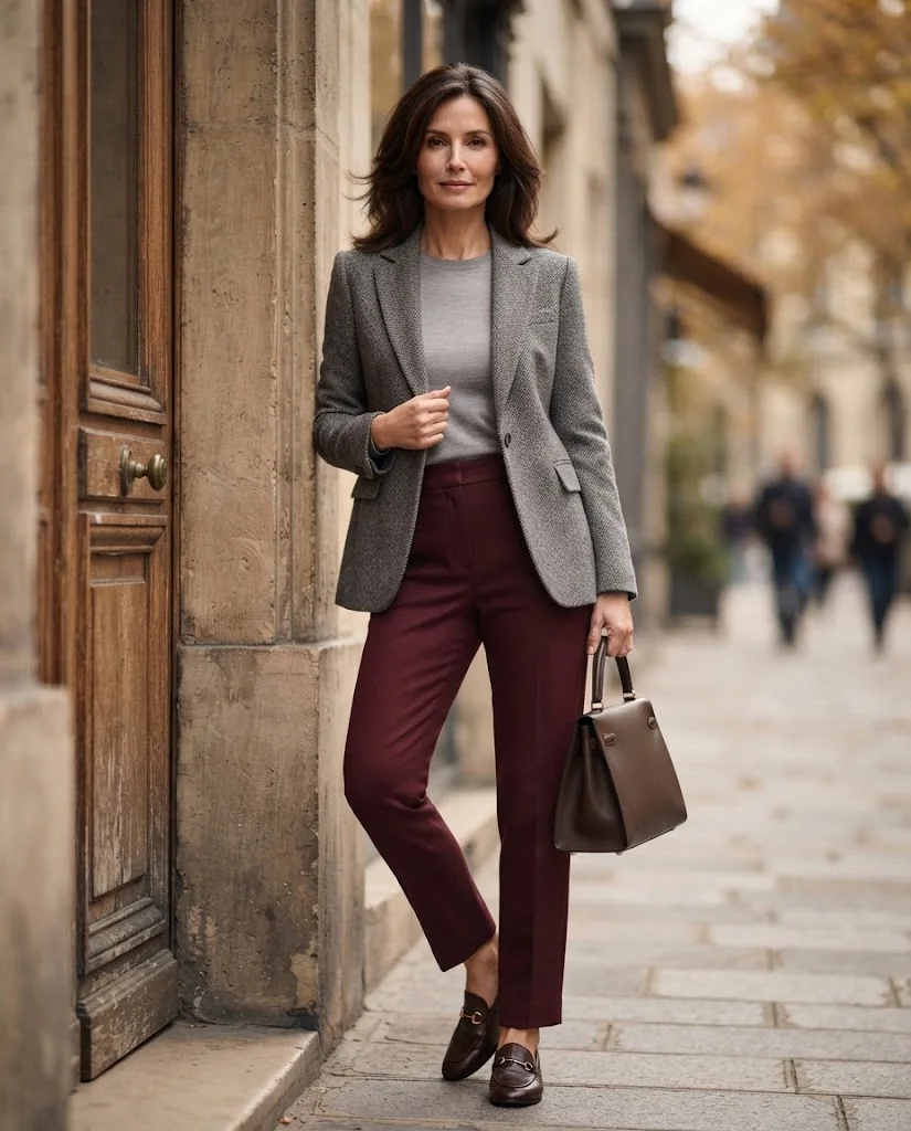 women wearing  Gray Herringbone Jacket With Burgundy Trousers