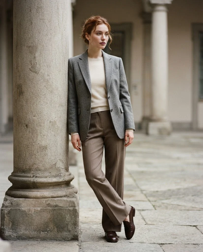women wearing Grey Wool Blazer With Wide-Leg Trousers