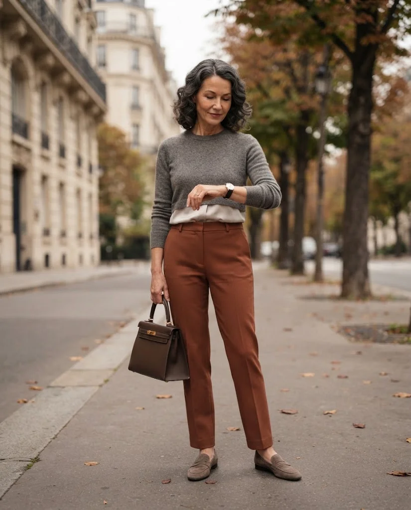 women wearing  Heather Gray Sweater With Rust Tailored Trousers