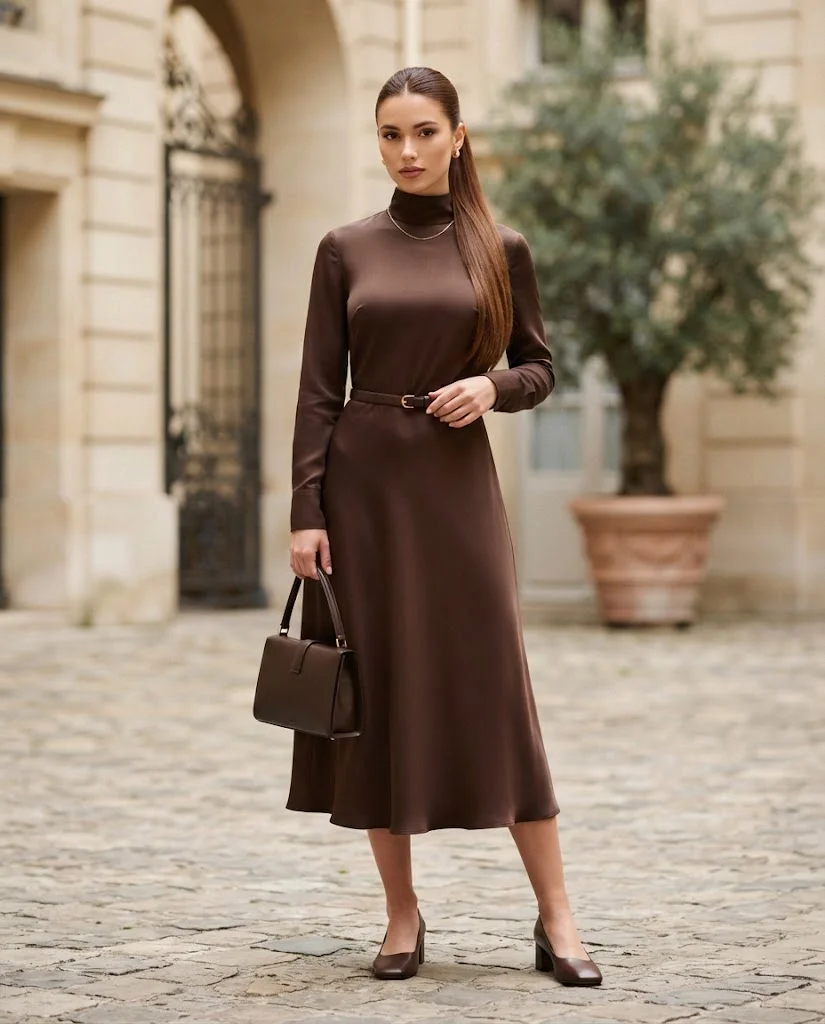 women wearing High-Neck Midi Dress With a Slim Leather Belt