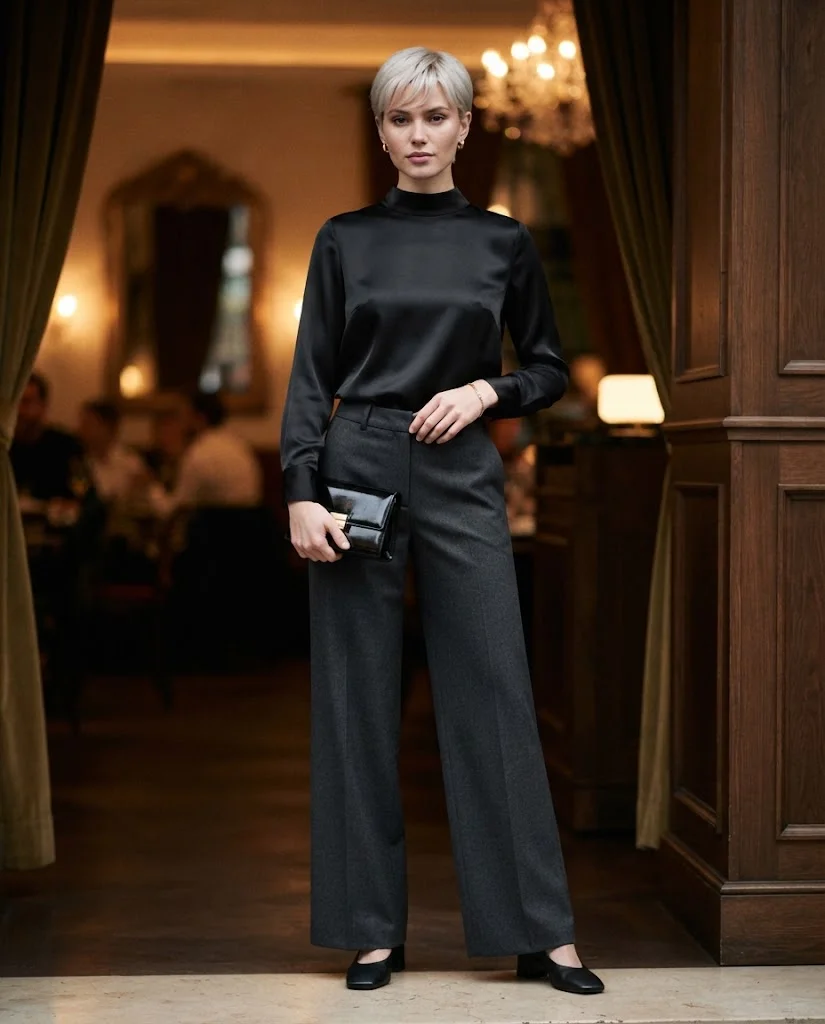 women wearing High-Neck Satin Blouse With Wide-Leg Evening Pants