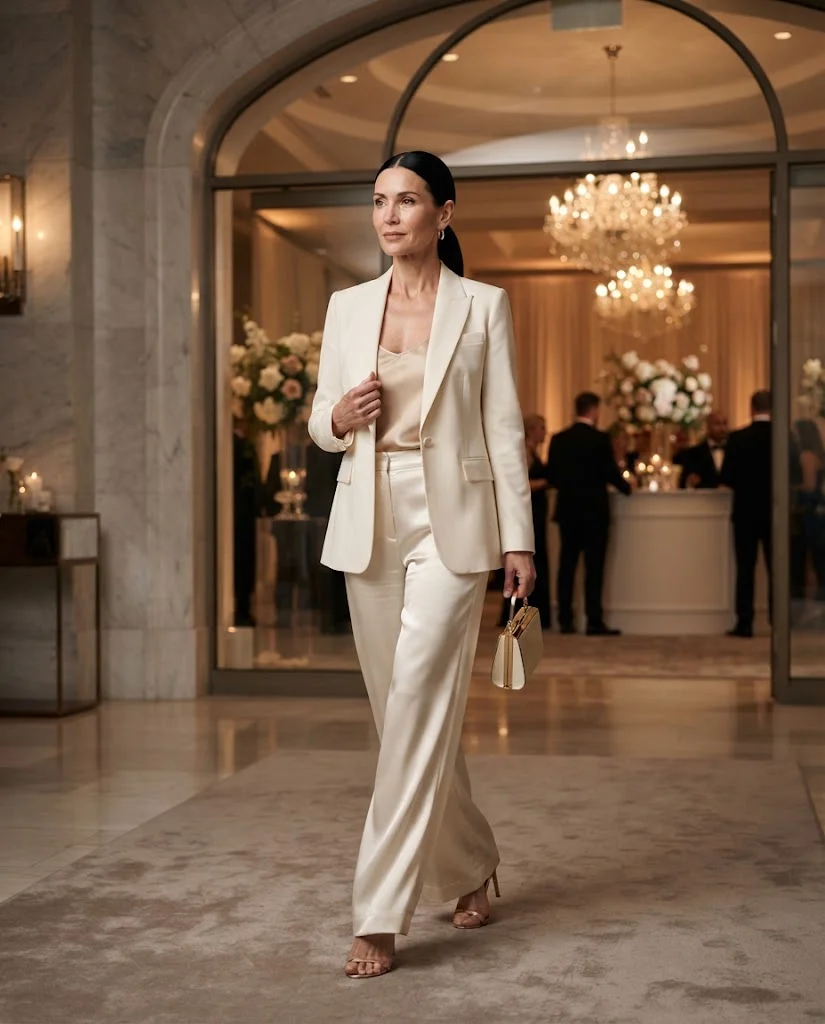 Chic Formal Wedding Guest Outfits for Women Over 50: 20+ Elegant Ideas 9 Ivory Blazer with Satin Wide-Leg Trousers, a formal wedding guest outfit for women over 50