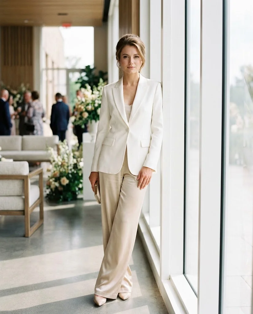 women wearing Ivory Blazer With Satin Wide-Leg Trousers