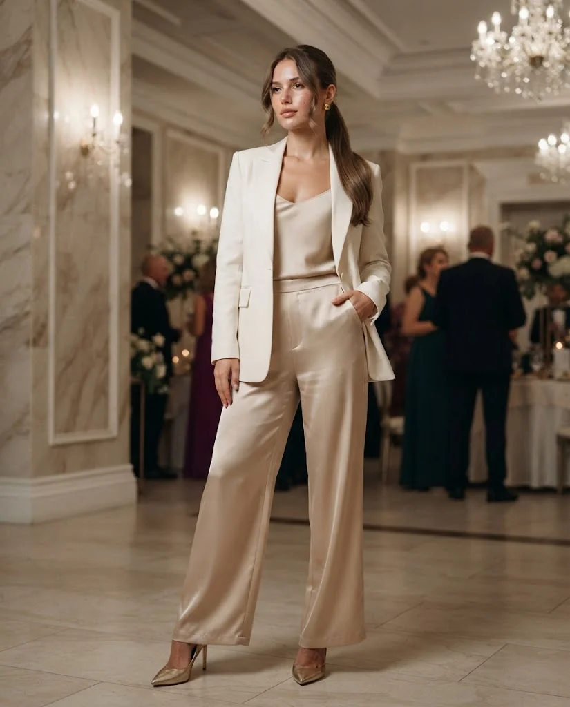 Ivory Blazer with Satin Wide-Leg Trousers, a classy and elegant wedding guest outfit for women