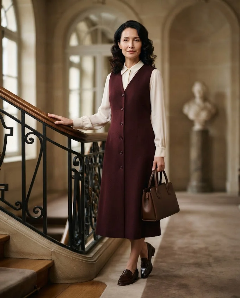women wearing  Ivory Blouse Under a Burgundy Sleeveless Dress