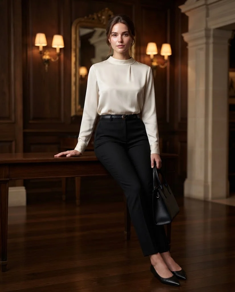 women wearing Ivory Blouse and Black Trousers