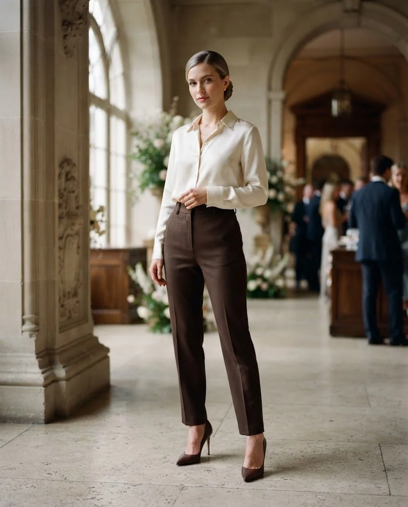 Ivory Blouse with High-Waisted Tailored Trousers, a stylish petite wedding guest outfit for women