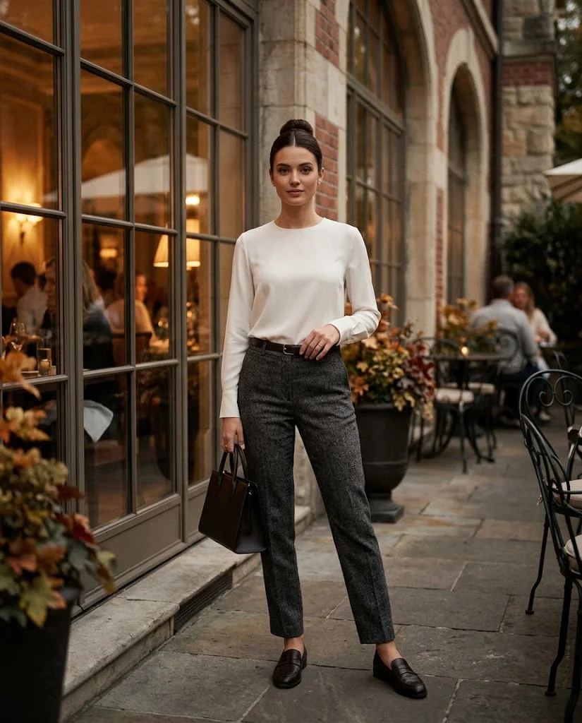 Ivory Blouse with Tweed Trousers, an elegant old money fall dinner outfit for women