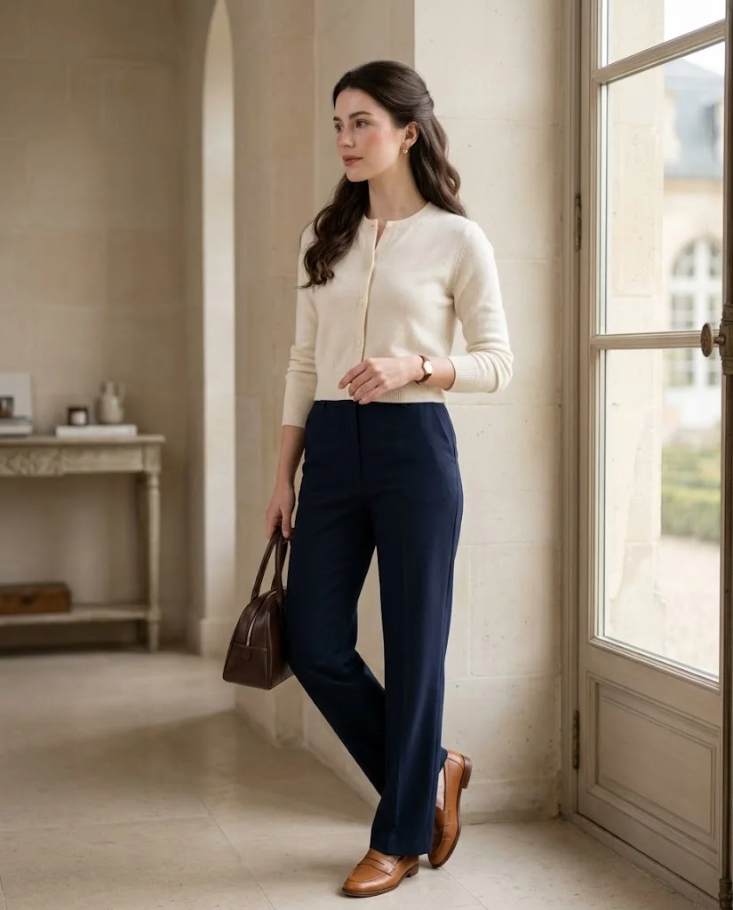 women wearing Ivory Cardigan With Navy Trousers