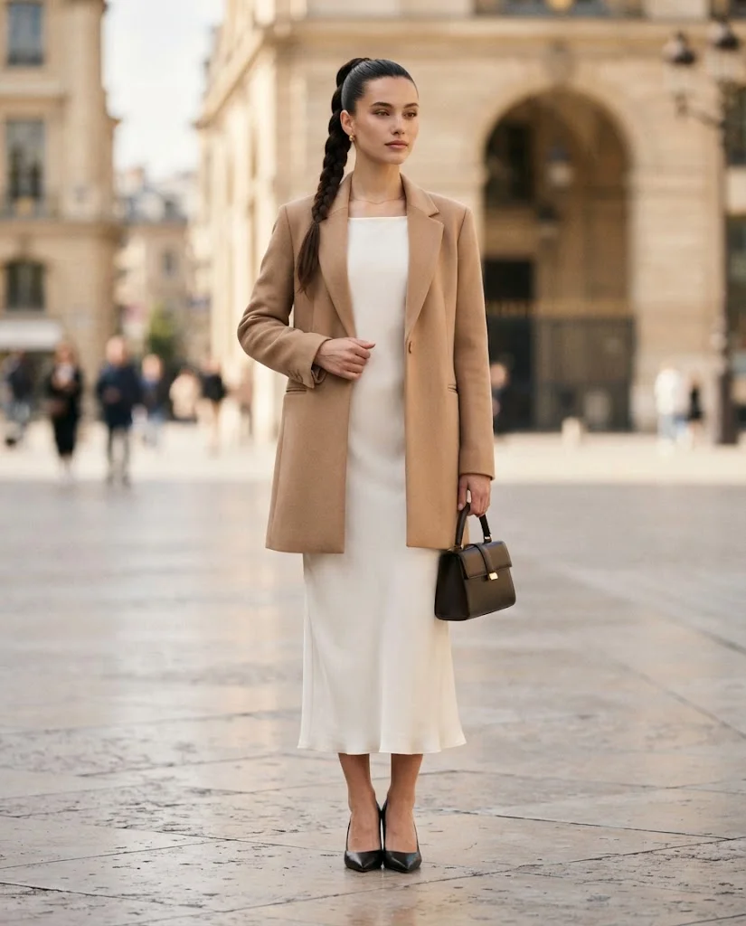 women wearing Ivory Column Dress With a Longline Blazer
