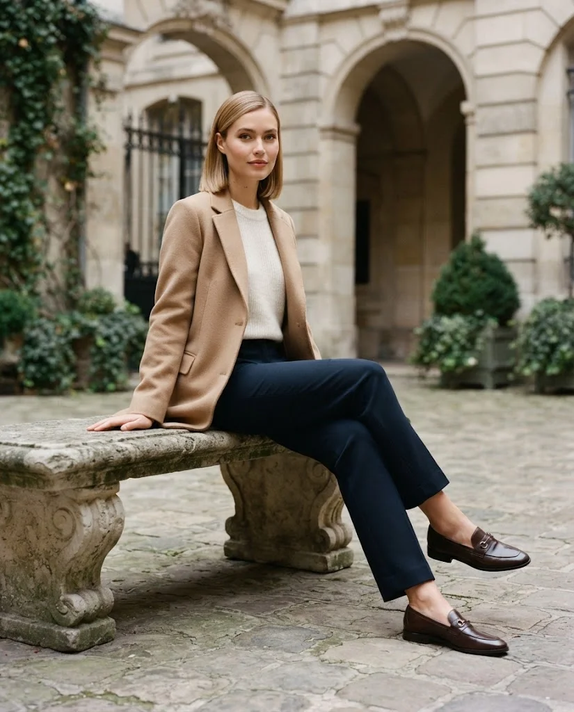 women wearing Ivory Knit Sweater With Navy Trousers