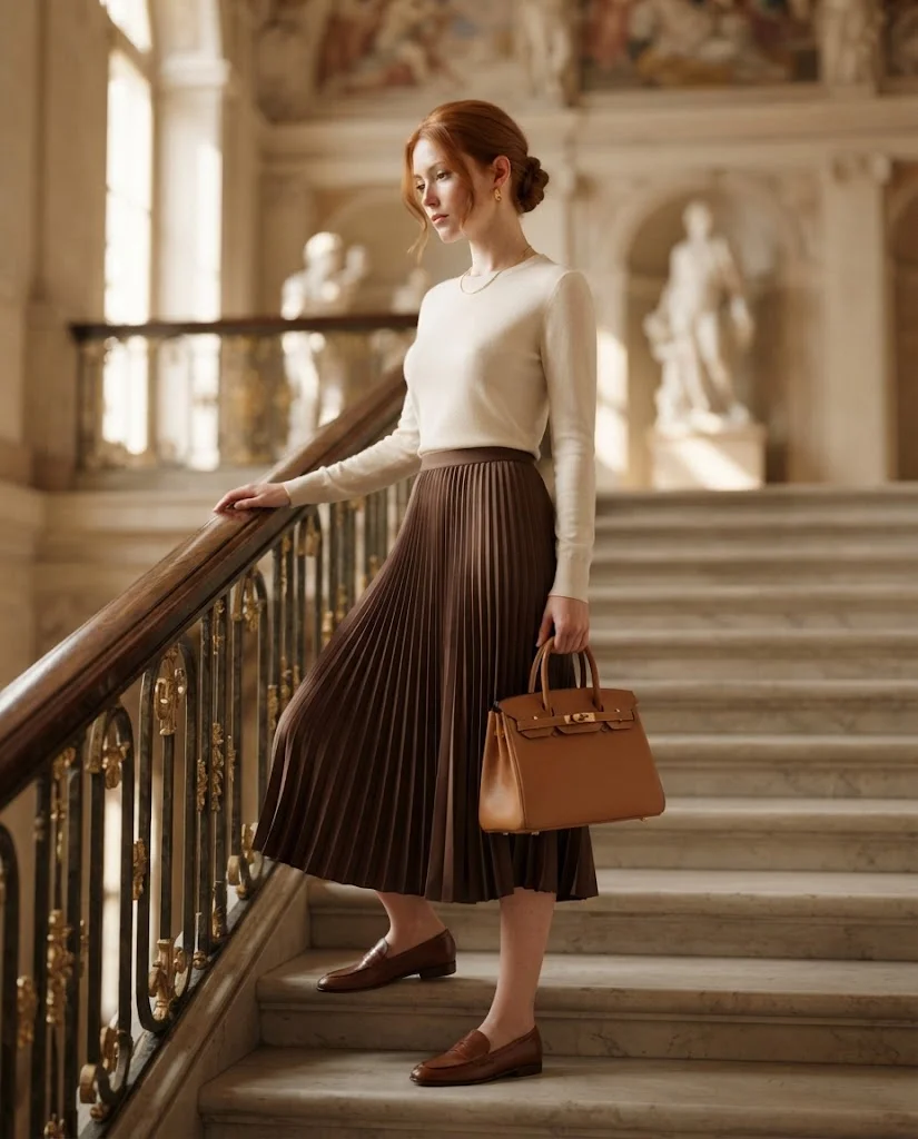 Ivory Knit Top with Chocolate Pleated Midi Skirt, an elegant old money warm-weather fall outfit for women