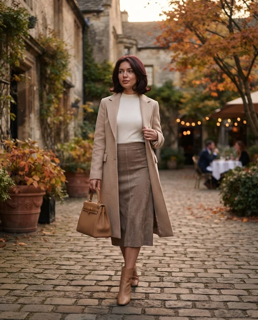 Ivory Knit Top with a Taupe Suede Midi Skirt, an elegant old money fall date night outfit for women