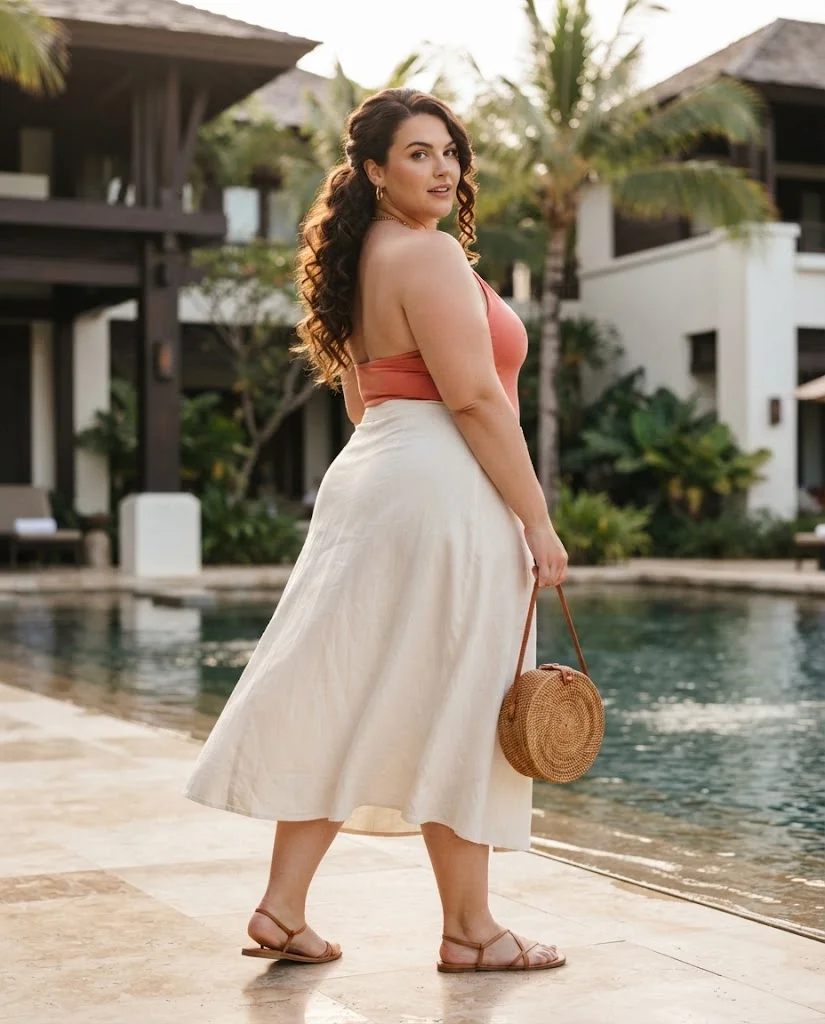 Ivory Midi Skirt With a Coral Halter Top Plus Size Resort Wear Outfit
