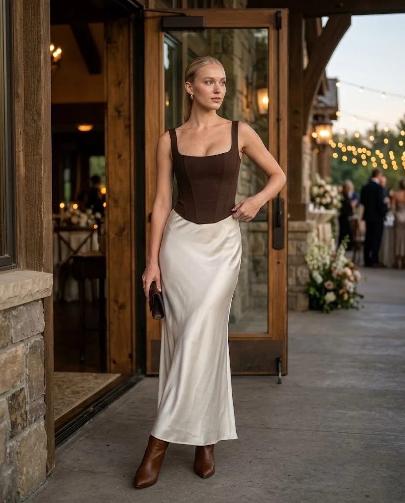 Ivory Satin Skirt with a Brown Structured Top, a stylish western wedding guest outfit for women