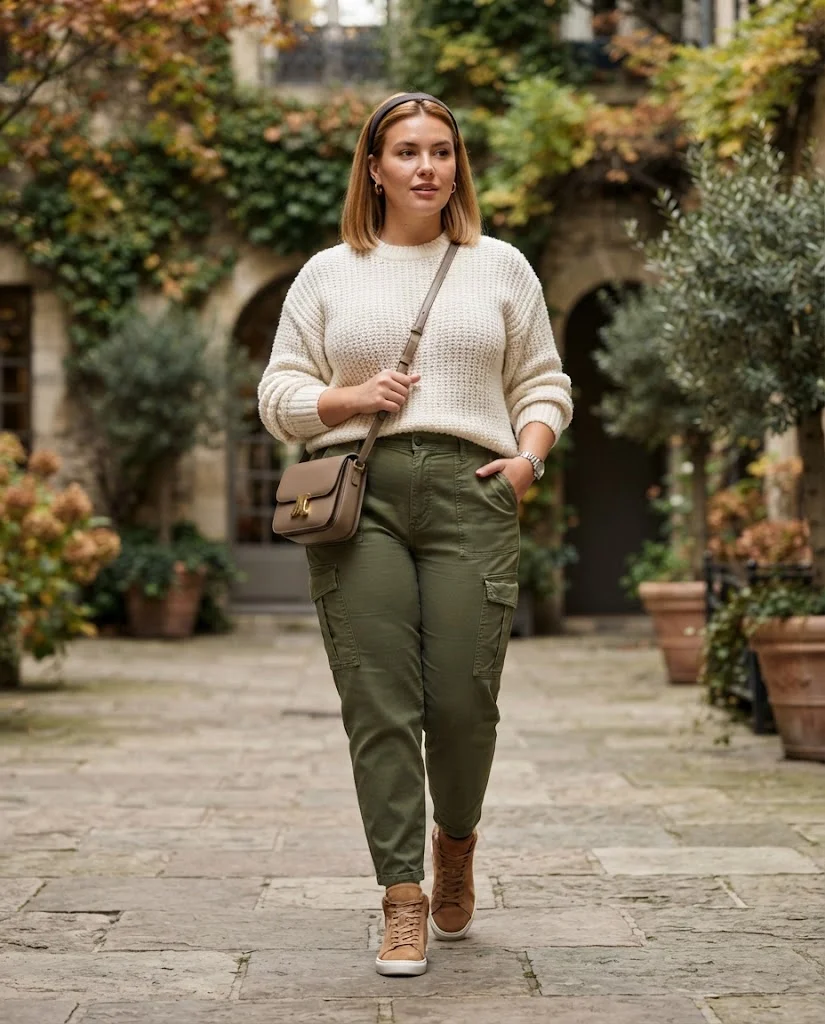 Plus Size Fall Outfits for Women: 15 Stylish Ideas 16 Ivory Sweater With Olive Cargo Pants, an easy plus size fall outfit idea