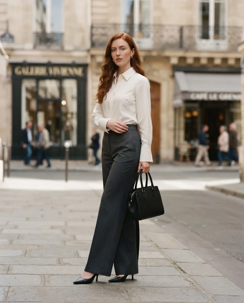 women wearing  Ivory Tailored Blouse With Charcoal Wide-Leg Trousers