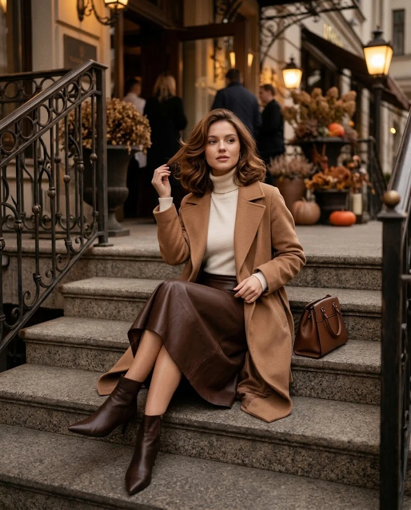 Ivory Turtleneck with a Chocolate Leather Skirt, an elegant old money fall dinner outfit for women